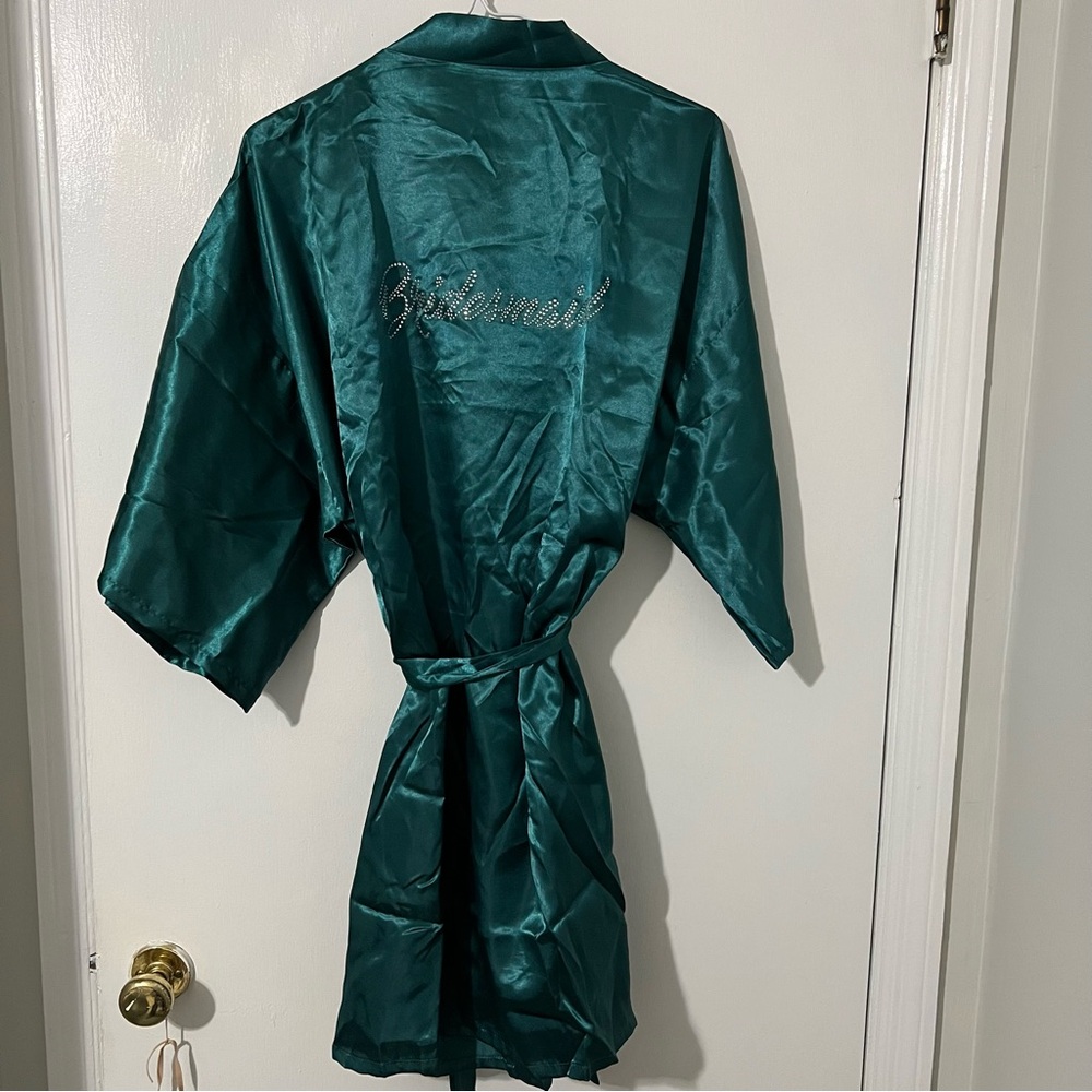 Satin Emerald Green Rhinestone Bridesmaid Kimono Robe
